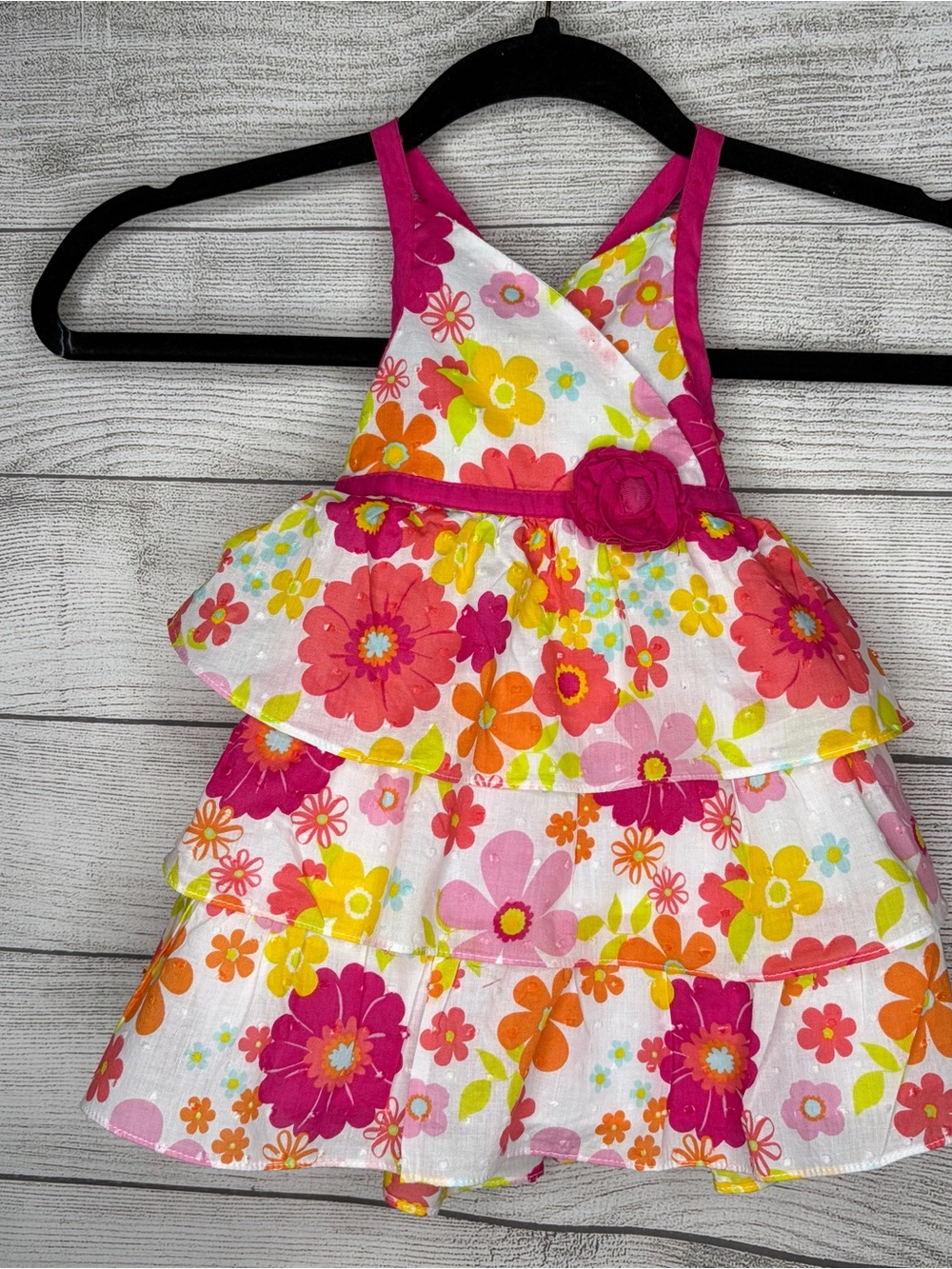 Penelope Mack White Floral Tiered Halter Dress with Pink Trim